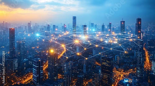 Aerial view of a futuristic global connectivity hub, with glowing fiber optic lines linking skyscrapers and connecting continents. The illuminated lines form a web of communication,