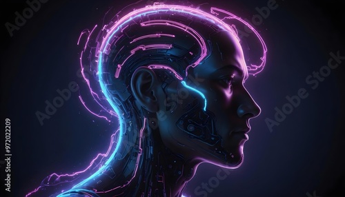 A neon glowing futuristic cyborg head with visible circuitry and wires, against a dark background