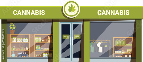 Cannabis store exterior with glass door and large windows, showing products for sale like drinks, clothes, cosmetics and marijuana
