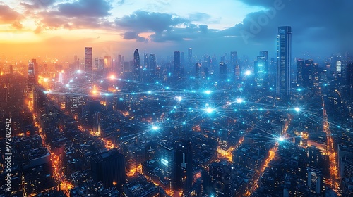 Aerial view of a futuristic urban center, glowing with interconnected digital networks and smart devices. Neon lights trace data pathways between skyscrapers and streets,