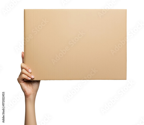 Hand with blank cardboard placard isolated on transparent background