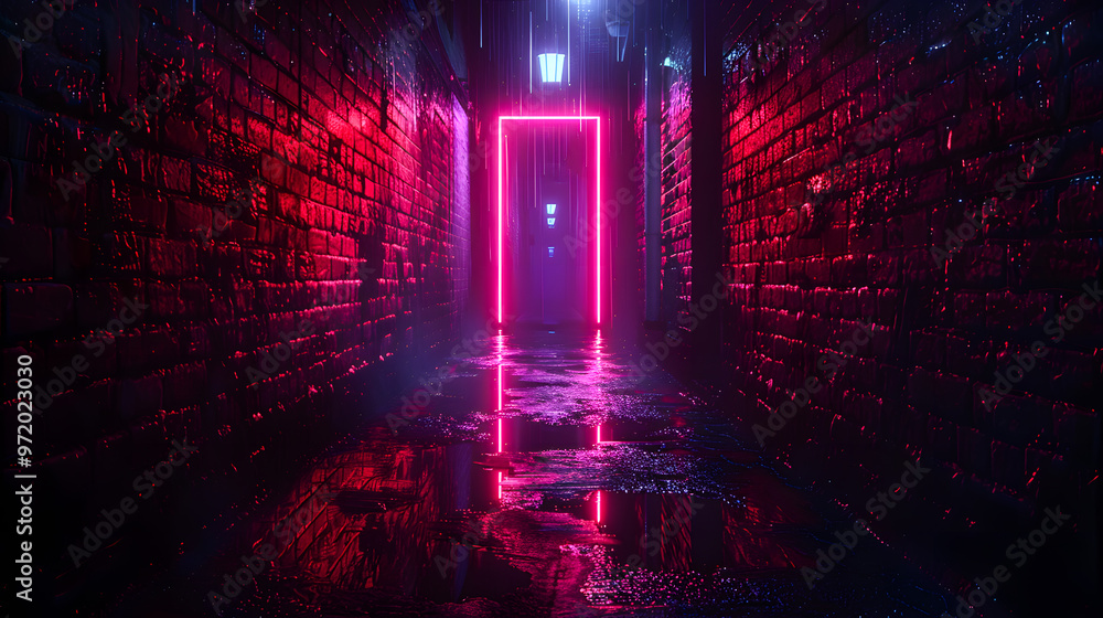 Neon lights of dystopian cyberpunk future, night time shot of dense city alley ways Neon lights of dystopian cyberpunk future, night time shot of dense city alley ways