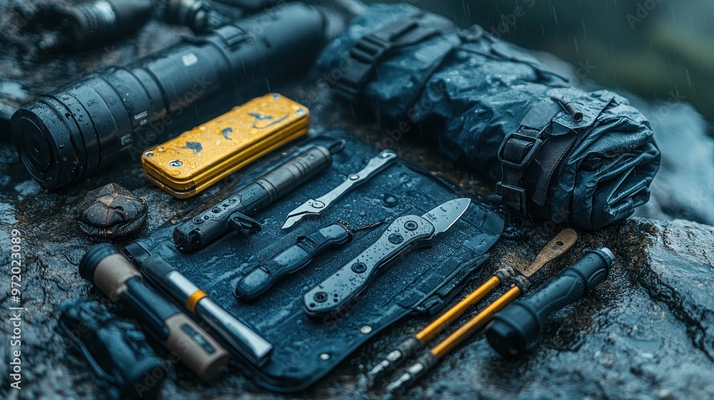 Outdoor gear and tools arranged on a wet surface. Outdoor gear and tools arranged on a wet surface.