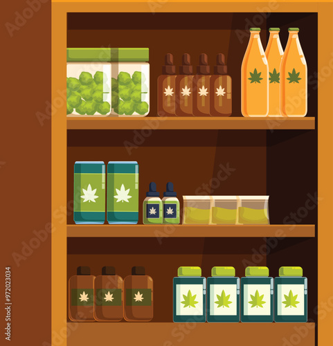 Wooden shelf displaying a variety of cannabis products, including buds, oils, edibles, and drinks, all infused with thc or cbd
