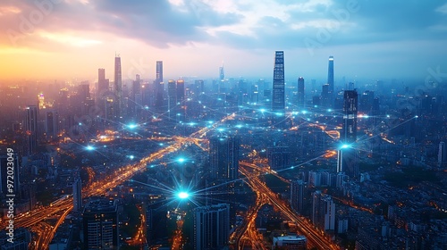 Wallpaper Mural An aerial view of a bustling smart city at dusk, with glowing digital networks linking high-rise buildings, roads, and smart transportation hubs. The city pulses with neon energy, Torontodigital.ca