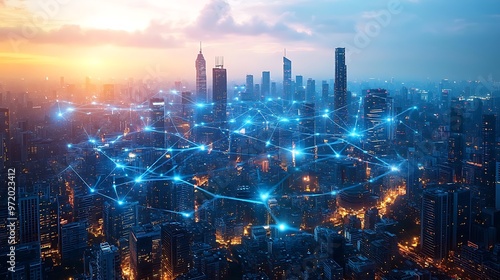 Wallpaper Mural Bird’s-eye view of a cyberpunk city at dusk, with interconnected neon pathways glowing between high-rise buildings, symbolizing data flow. The metropolis radiates with vibrant neon blues and purples, Torontodigital.ca