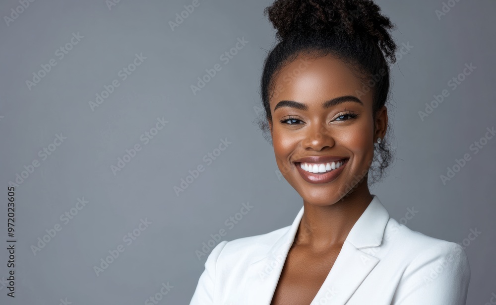 A confident African American businesswoman in a white suit smiles warmly with arms crossed, standing against a neutral background, perfect for corporate or business settings.