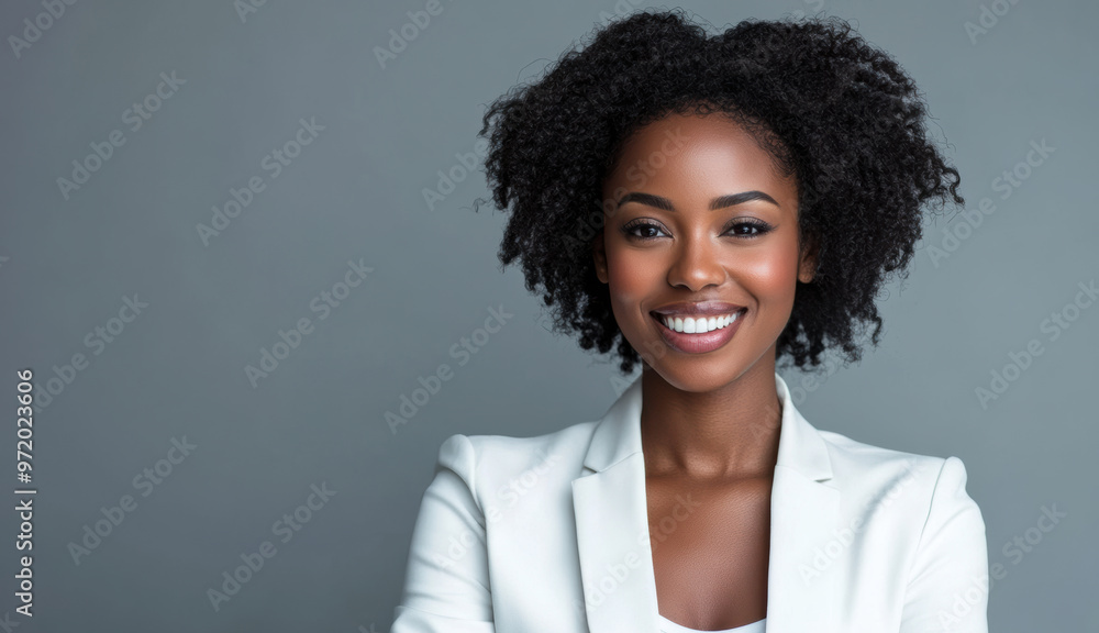 A confident African American businesswoman in a white suit smiles warmly with arms crossed, standing against a neutral background, perfect for corporate or business settings. A confident African American businesswoman in a white suit smiles warmly with arms crossed, standing against a neutral background, perfect for corporate or business settings.
