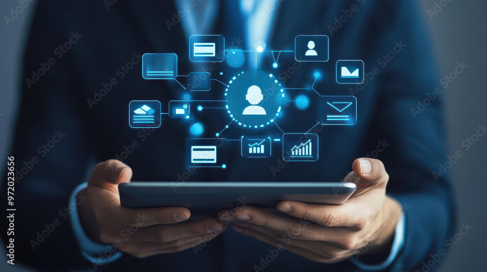 Businessman engaged with CRM software on a tablet, enhancing customer relationships and driving effective service strategies.