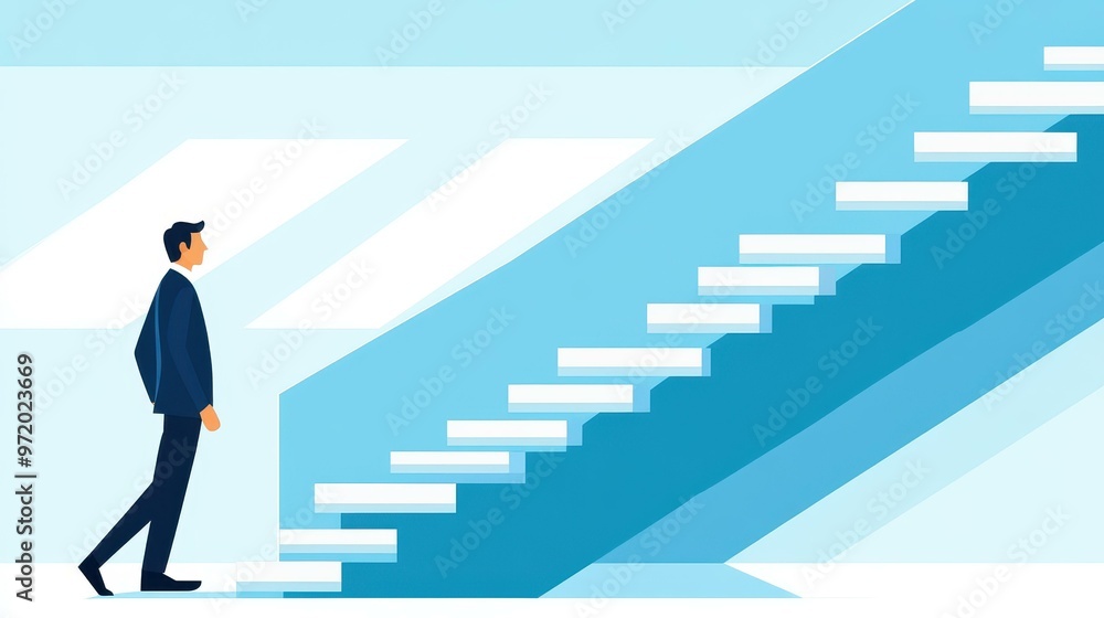 A sleek illustration of a businessman confidently walking down the stairs against a clean backdrop. A sleek illustration of a businessman confidently walking down the stairs against a clean backdrop.
