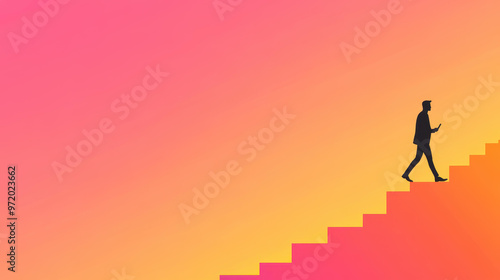 A determined professional ascends stairs, symbolizing ambition and growth in his career during a stunning sunset backdrop.