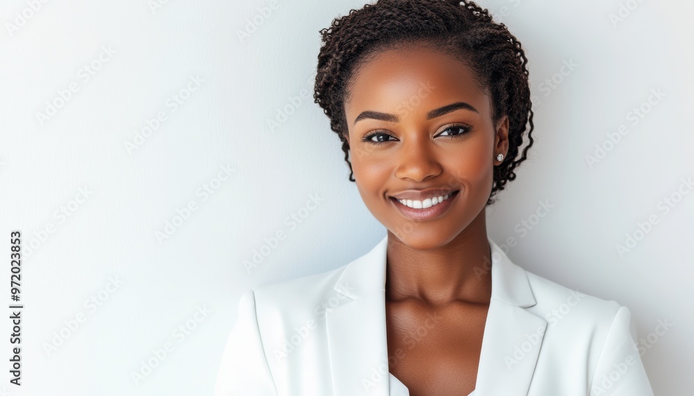 A confident African American businesswoman in a white suit smiles warmly with arms crossed, standing against a neutral background, perfect for corporate or business settings.