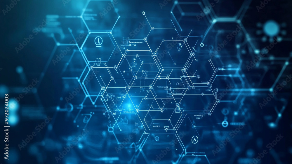 Obraz premium A digital illustration of interconnected hexagonal structures representing technology and data flow