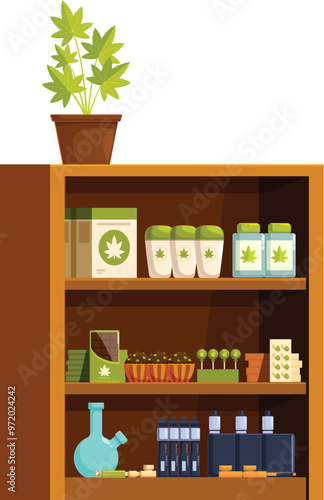 Wooden shelf holding medical marijuana products showing the interior of a legal dispensary