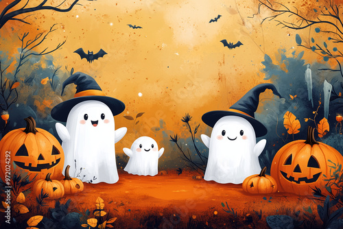 Kawaii Halloween illustration with adorable ghosts and happy pumpkins, smiling jack-o’-lanterns, bats, playful, cute, ghosts, halloween wallpaper, halloween background