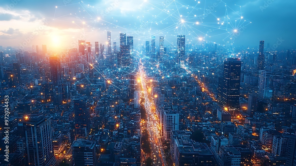 A bird’s-eye view of a bustling city, where glowing data lines visibly connect homes, mobile devices, and corporate buildings. The digital streams pulse with energy, A bird’s-eye view of a bustling city, where glowing data lines visibly connect homes, mobile devices, and corporate buildings. The digital streams pulse with energy,