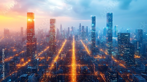 Wallpaper Mural Top-down view of a futuristic neon city with glowing pathways connecting smart infrastructure and tall glass skyscrapers. The vibrant data streams pulse through the city, creating a network of light, Torontodigital.ca