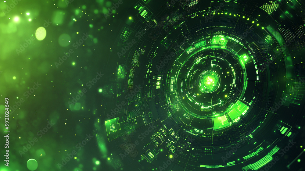 Fototapeta premium Vibrant green digital abstract illustration with circular patterns and glowing elements