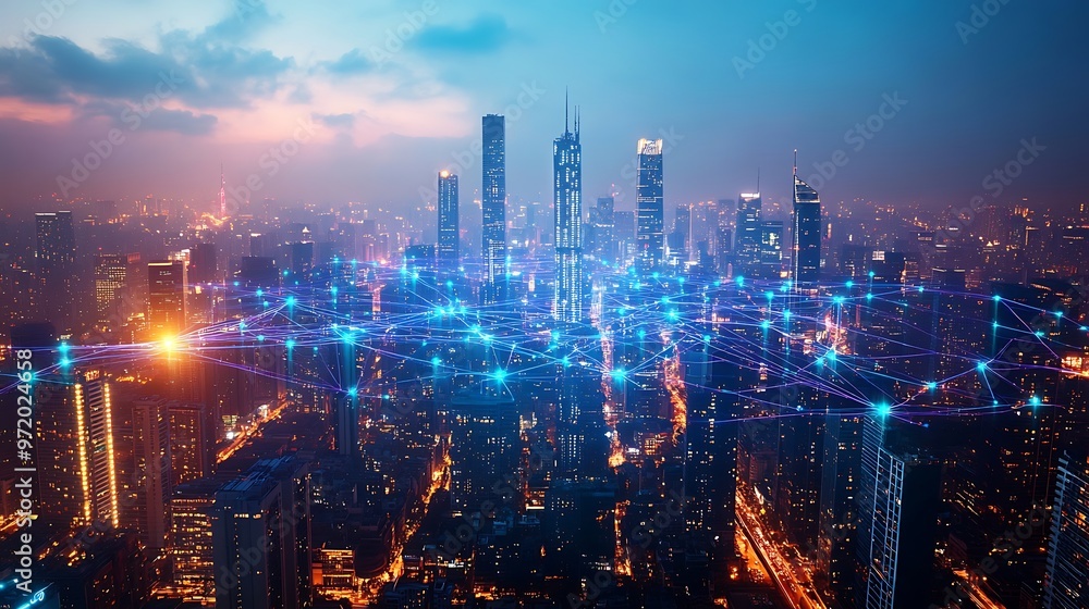 Fototapeta premium A bird’s-eye view of a city at night, pulsing with blue and purple neon lines representing the flow of data and communication. The vibrant network connects skyscrapers and streets,