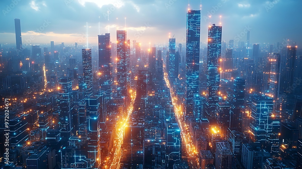 A bird's-eye view of a futuristic city controlled by artificial intelligence, where glowing neon data circuits run through every building and street. A bird's-eye view of a futuristic city controlled by artificial intelligence, where glowing neon data circuits run through every building and street.
