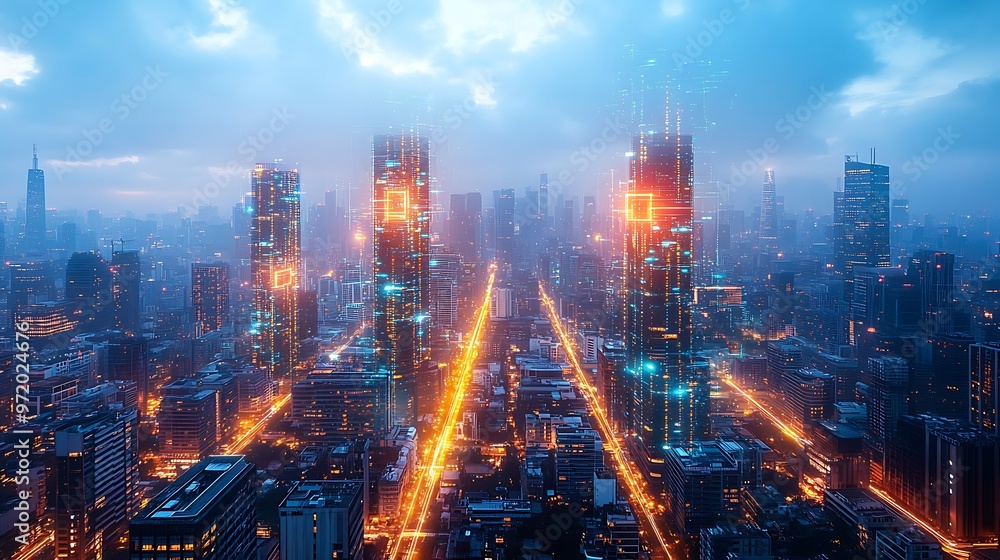 Fototapeta premium A bird's-eye view of a futuristic city controlled by artificial intelligence, where glowing neon data circuits run through every building and street.