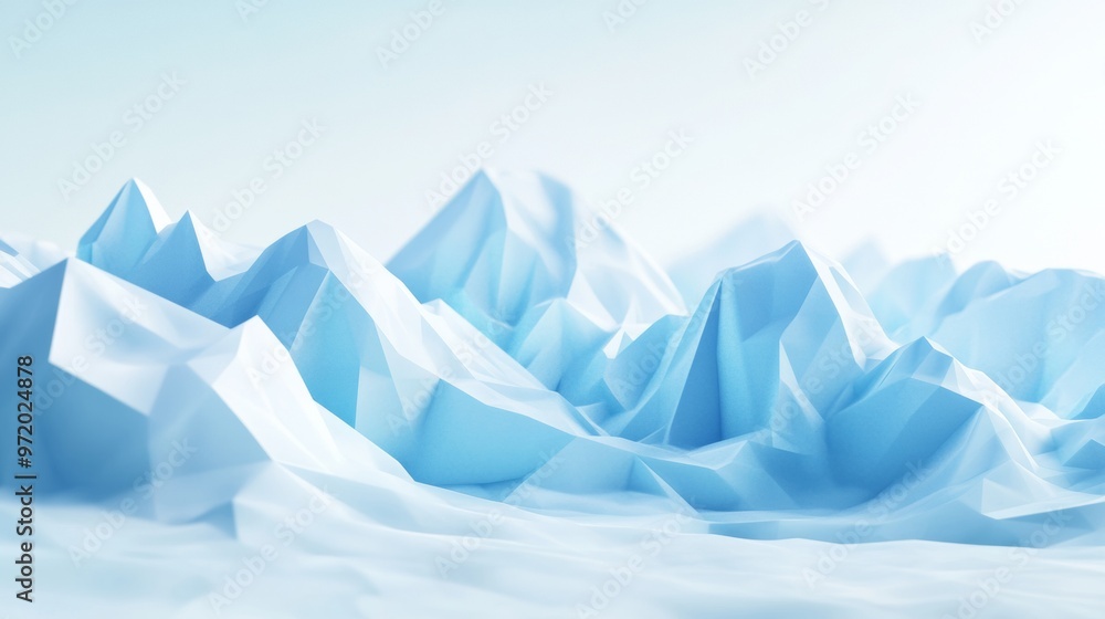 Abstract background with low-poly shapes and frozen ice mountains, a 3D rendering illustration of a polygonal landscape with simple geometric forms,