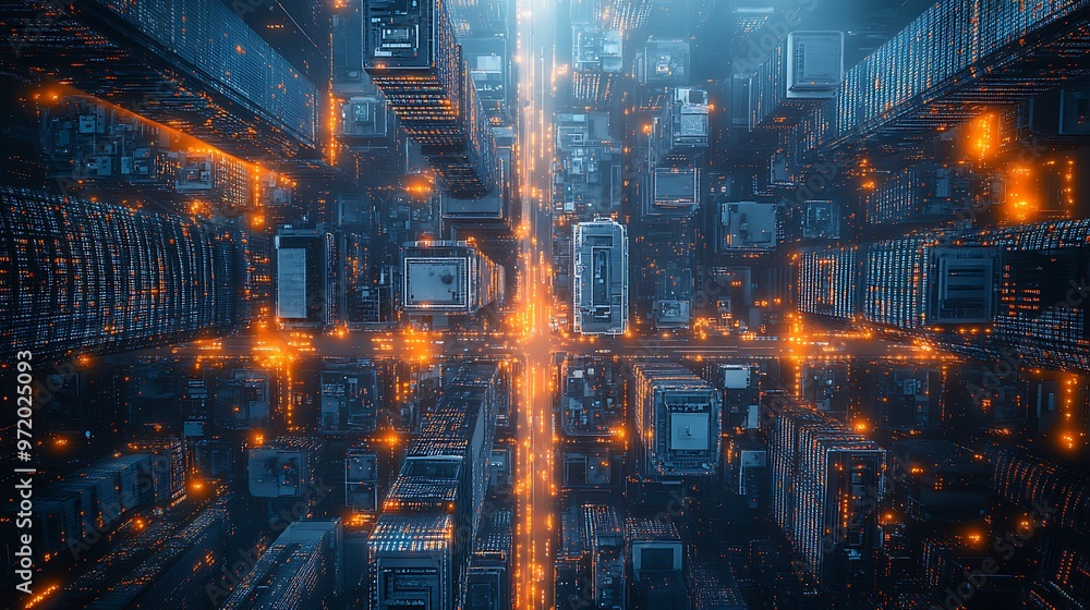 A bird's-eye view of a smart city at dusk, glowing with digital energy as communication lines pulse between high-rise buildings and streets. The vibrant neon lights reflect off glass towers, A bird's-eye view of a smart city at dusk, glowing with digital energy as communication lines pulse between high-rise buildings and streets. The vibrant neon lights reflect off glass towers,