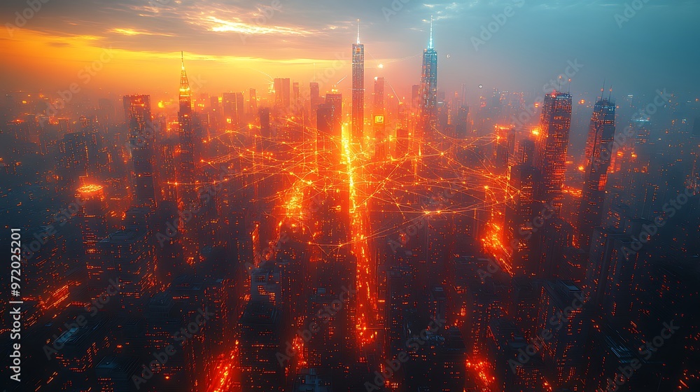 Fototapeta premium A bird’s-eye view of a tech-driven city glowing with digital energy, with communication lines visibly connecting smart infrastructure and skyscrapers.