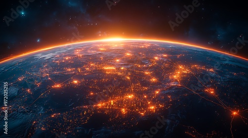 A bird’s-eye view of Earth from space, with continents connected by vibrant neon data lines forming a digital web of global connectivity.