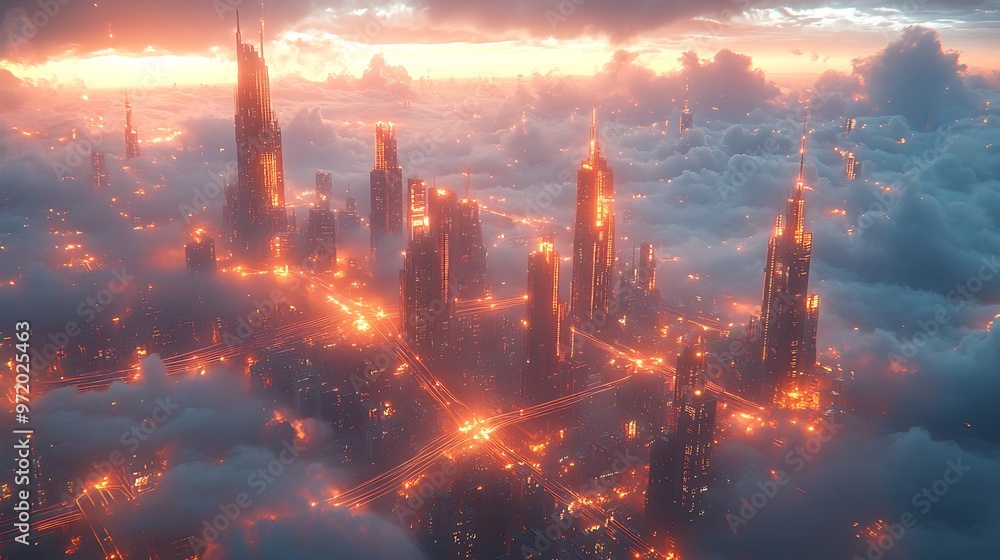 A city floating in the digital cloud, with glowing communication lines connecting sleek skyscrapers and futuristic structures. The illuminated pathways of data create a vibrant network in the sky, A city floating in the digital cloud, with glowing communication lines connecting sleek skyscrapers and futuristic structures. The illuminated pathways of data create a vibrant network in the sky,