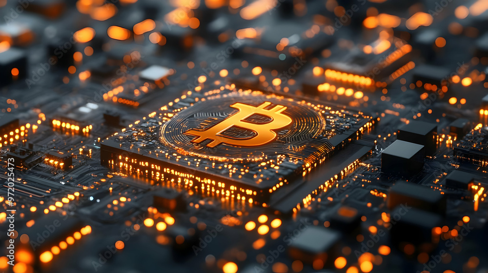 Fototapeta premium Bitcoin Cryptocurrency Symbol on Circuit Board