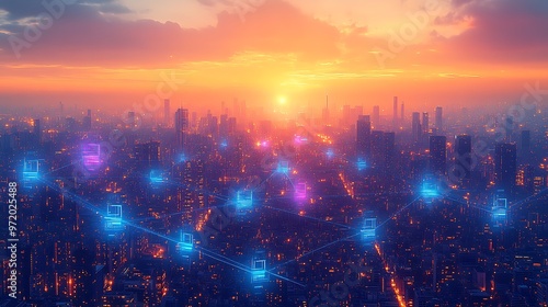 Wallpaper Mural A city skyline at dusk, where glowing blue and purple data streams connect wireless towers, satellites, and smart homes. The vibrant sunset in the background bathes the city in warm orange light, Torontodigital.ca