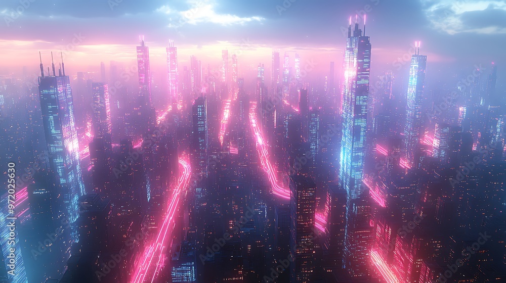 A cyberpunk metropolis illuminated by glowing neon pathways connecting skyscrapers, symbolizing data flow. The vibrant reflections of pink, blue, A cyberpunk metropolis illuminated by glowing neon pathways connecting skyscrapers, symbolizing data flow. The vibrant reflections of pink, blue,