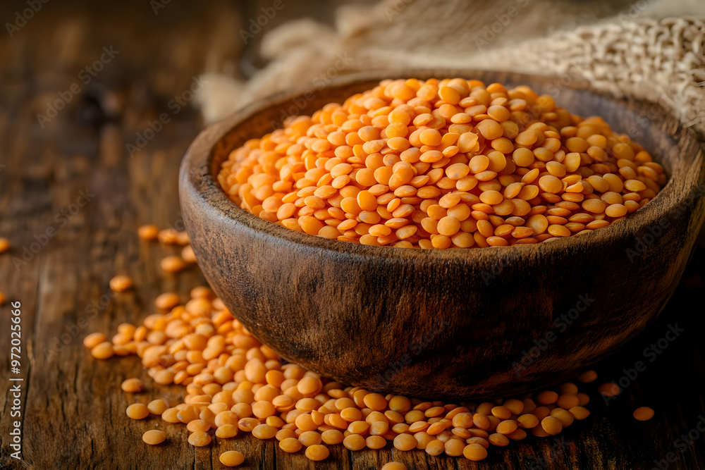 Red Lentils in Wooden Bowl Rustic Background Red Lentils in Wooden Bowl Rustic Background