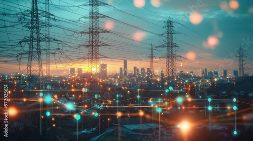 Bustling Cityscape Aglow at Dusk with Interconnected Power Grid