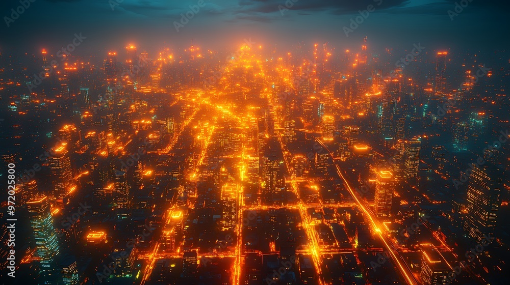 A dense metropolis seen from above, illuminated by glowing digital networks connecting smart homes, buildings, and roads. The vibrant neon pathways pulse with data, A dense metropolis seen from above, illuminated by glowing digital networks connecting smart homes, buildings, and roads. The vibrant neon pathways pulse with data,