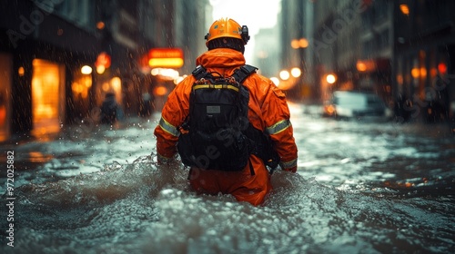 Wallpaper Mural A rescue worker wades through flooded city streets in heavy rain. Torontodigital.ca