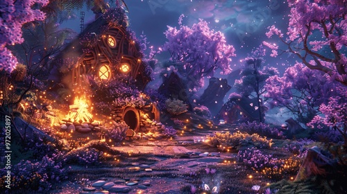 Enchanting Fantasy Forest With Cozy Cottage and Campfire