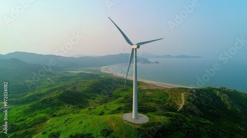 Picturesque Coastal Wind Turbine in Serene Natural Landscape