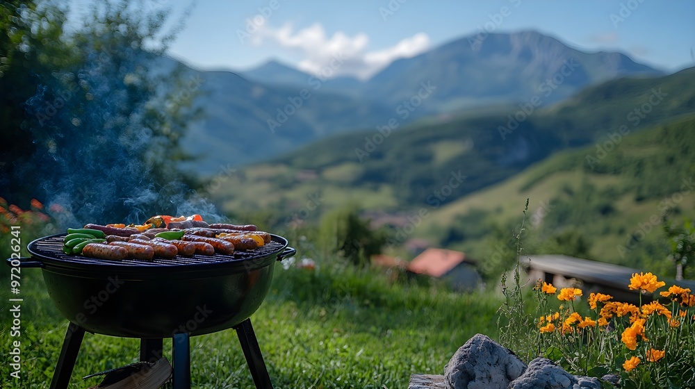Grilling outdoors with a scenic mountain view, smoke dancing in the air as sausages and vegetables sizzle over the open fire, tranquil nature Grilling outdoors with a scenic mountain view, smoke dancing in the air as sausages and vegetables sizzle over the open fire, tranquil nature