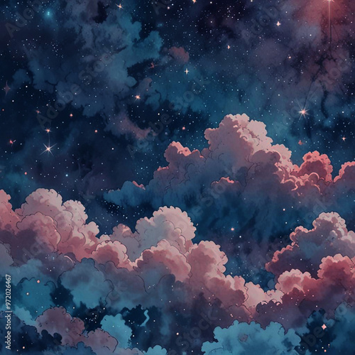 A blue and white watercoluor background with stars and clouds illustration. Envision a calming setting with a serene blue and white watercoluor background, embellished with stars and gentle cloud