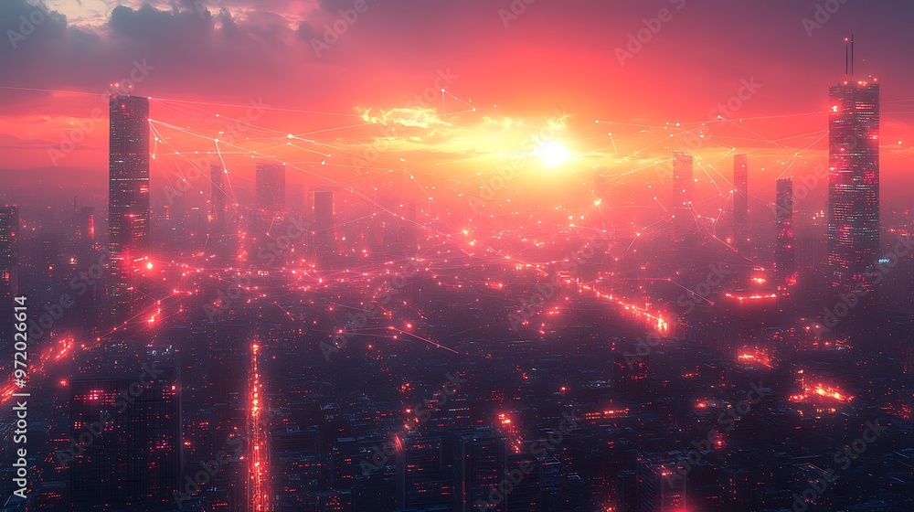 A dynamic city at dusk, with glowing lines of communication and electricity connecting skyscrapers and streets. The city pulses with digital energy, A dynamic city at dusk, with glowing lines of communication and electricity connecting skyscrapers and streets. The city pulses with digital energy,