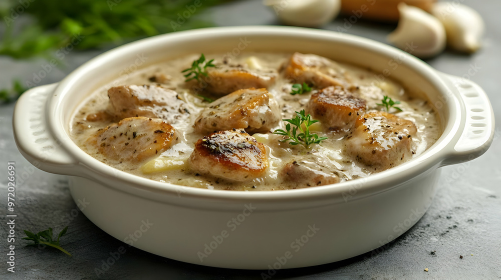 Creamy Chicken Stew with Thyme and Pepper in White Bowl Creamy Chicken Stew with Thyme and Pepper in White Bowl