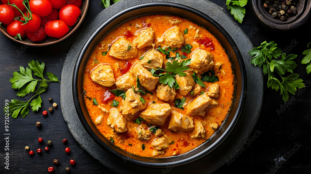 Delicious Chicken Curry in Black Bowl with Parsley Garnish Delicious Chicken Curry in Black Bowl with Parsley Garnish
