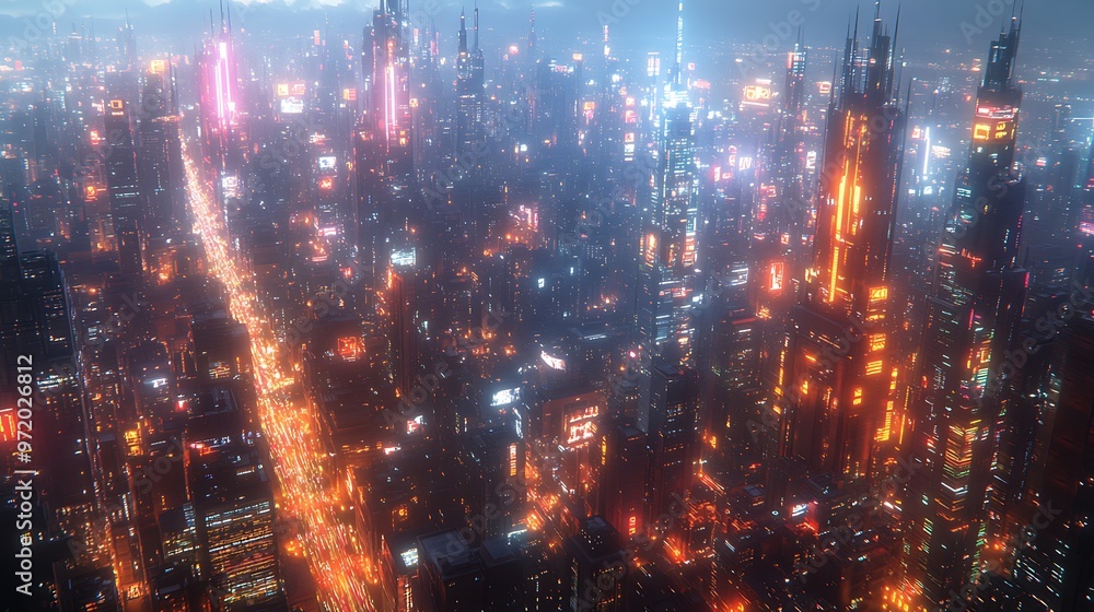 Obraz premium A dynamic high-tech city glowing at night, with communication hubs emitting pulses of light as data flows through the urban network. The streets and skyscrapers light up with vibrant neon colors,
