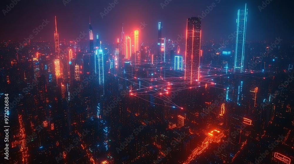 Fototapeta premium A futuristic aerial view of a smart cityscape at night, illuminated by vibrant neon communication lines connecting sleek skyscrapers and advanced transportation systems, reflecting on glass facades.