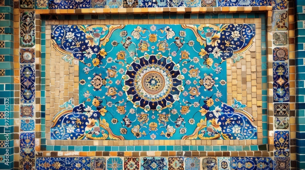 Fototapeta premium Traditional Persian mosaic wall with geometric ornaments in square frame with colorful ceramic tiles generative ai