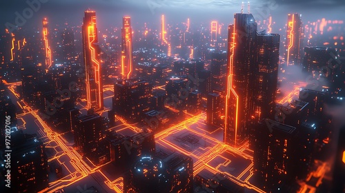 A futuristic AI-powered city seen from above, with glowing data circuits connecting every structure and street. The city pulses with digital energy, forming a vibrant network of neon lights,