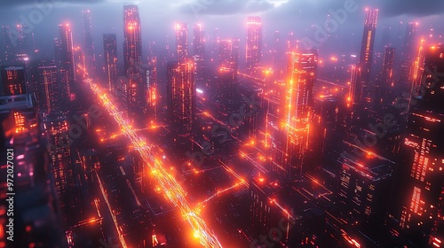 A futuristic AI-powered city seen from above, with glowing data circuits connecting every structure and street. The city pulses with digital energy, forming a vibrant network of neon lights,