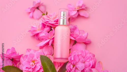 blank pink spray bottle fragrance or perfume mockup on pink background with beauty pink flowers ornament